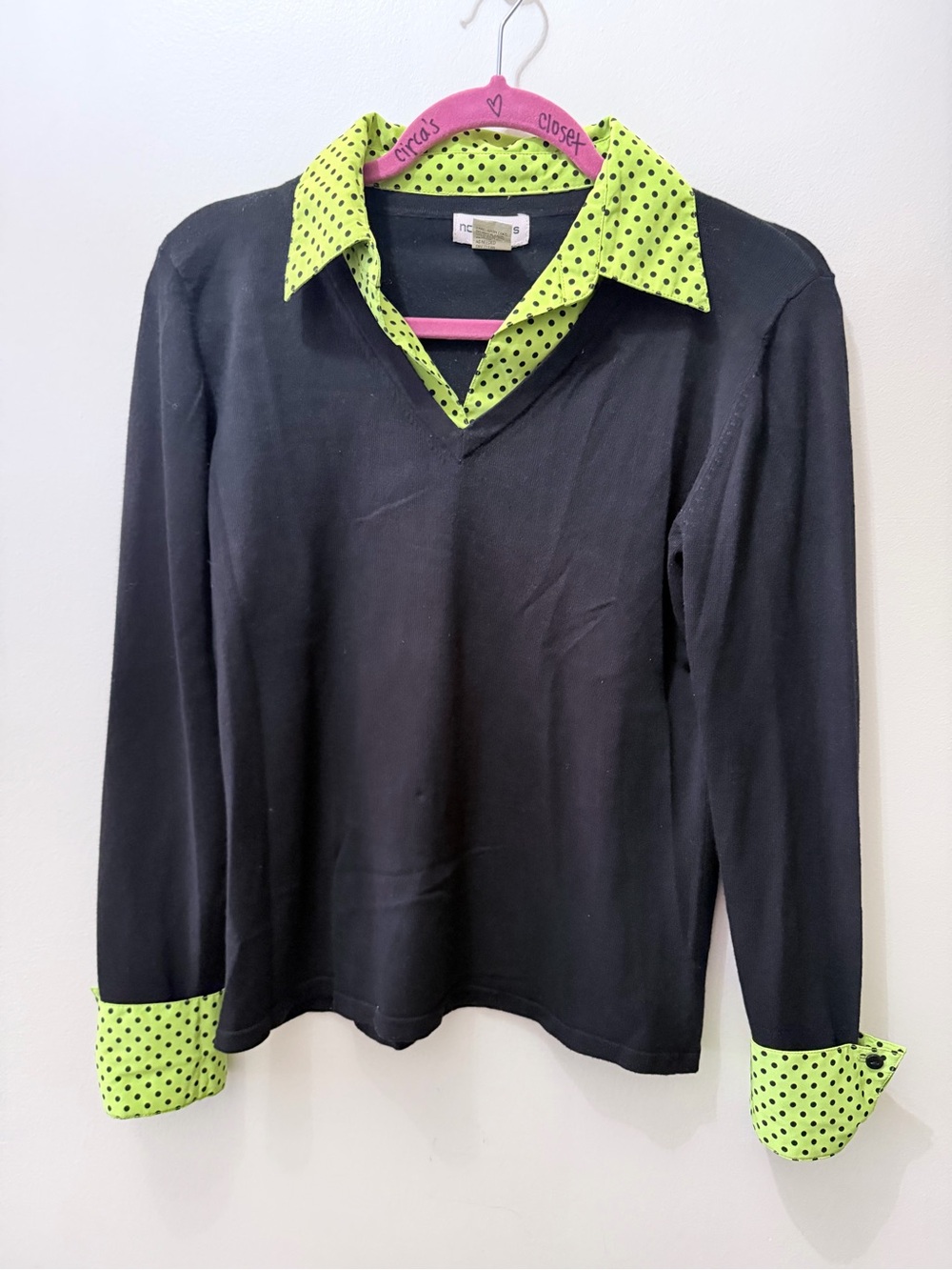 Y2K Lime Brat Green Black Polka Dot Collar Blouse Business V Neck Prep S